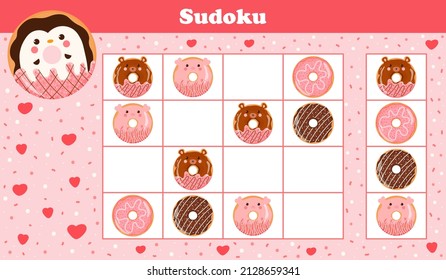 Printable sudoku worksheet for kids with cute animal donuts with penguin, pig and bear, puzzle for children book
