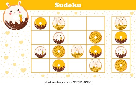 Printable sudoku worksheet for kids with cute animal donuts with bunny and bear, puzzle for children book
