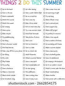 Lista de cubos de verano para imprimir. Lista de verificación de verano para niños con ideas de actividades divertidas. Cosas que hacer este verano.  