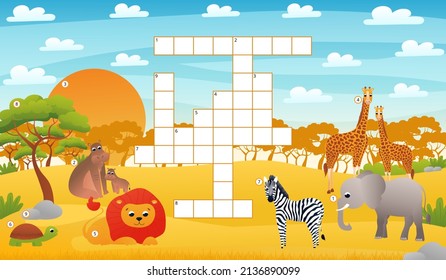 Printable summer crossword worksheet for kids with safari animals and landscape, African wildlife and nature in cartoon style for children books