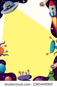 Printable template of a cute alien cartoon character with an outer space background frame
