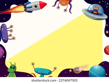 Printable template featuring a cute alien cartoon character against an outer space background