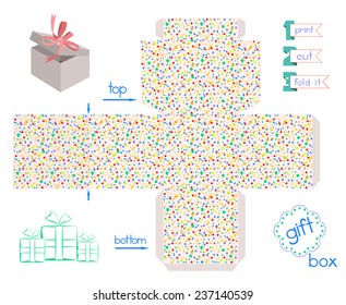 Printable template for gift box with colorful polka dot pattern. Favor box with multicolored dots ornament. Easy for installation - print, cut, fold it. Vector file is EPS8.
