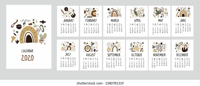 Printable template, interesting wall calendar for 2020. Abstract trendy design. Set of 12 months. 2020. Concept, vector editable calendar page template.  