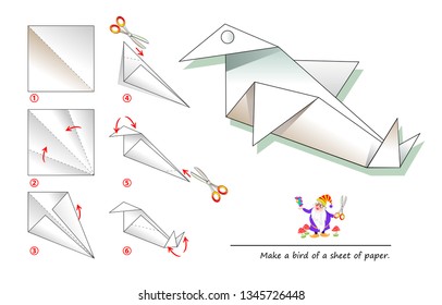 Printable template for kids with instructions for folding paper game Origami. Using scissors make a bird of a sheet of paper. Developing children skills for hand work. Back to school. Vector image.