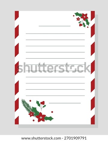 Printable Template of Letter to Santa Claus. Christmas wishlist with holiday decor. Vector illustration. Layout in A4 size.