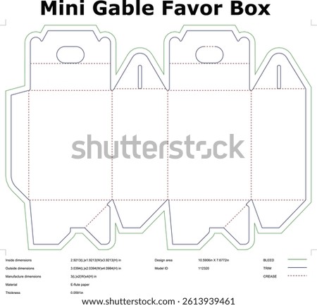 A printable template for a mini gable favor box. Includes dimensions, cut lines, and fold instructions for easy DIY packaging. Ideal for small gifts or party favors.