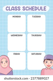 Printable template school schudule timetable class with cute kids muslim vector illustration