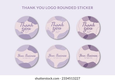 Printable Thank You Rounded Badge Sticker and Logo Sticker Decorated with Purple Organic Blob and Botanical Object. Suitable for Small Online Business Bakery, Beauty, Fashion Branding