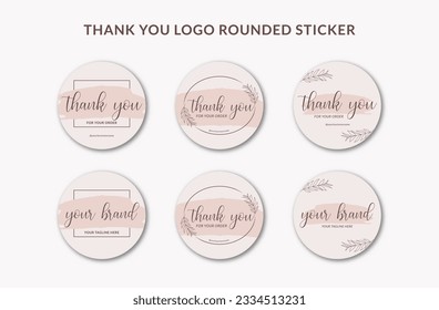 Printable Thank You Rounded Sticker and Logo Sticker Decorated with Handwriting Font Pink Brush Watercolor and Botanical Frame. Suitable for Small Online Business Beauty, Fashion, Cosmetic Branding