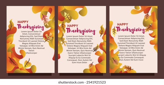 Printable Thanksgiving Card with Fall Leaves and Liquid Abstract Design. print size set of thansgiving card template concept. liquid abstract background with autumn leaves vector illustration