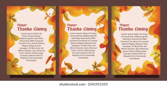 Printable Thanksgiving Cards with Liquid Abstract Background and Leaves. print size set of thansgiving card template concept. liquid abstract background with autumn leaves vector illustration