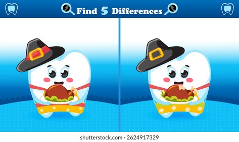 Printable Thanksgiving spot the differences game featuring a smiling tooth holding roasted turkey. Fun holiday activity for children to improve attention and focus. 