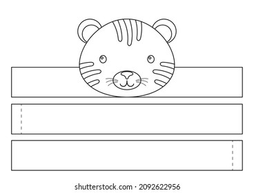 Printable tiger paper crown. Diy cut party ribbon template for birthday, christmas, baby shower. Fun accessory for entertainment. Print, color, cut and glue. Vector stock illustration.