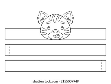 Printable tiger paper crown. Fun accessory for entertainment. Diy cut party ribbon template for birthday, christmas, baby shower. Print, color, cut and glue. Vector stock illustration.