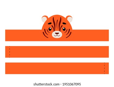 Printable tiger paper crown. Party headband die cut template for birthday, christmas, baby shower. Fun accessory for entertainment. Print, cut and glue. Vector stock illustration.