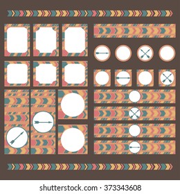 Printable tribal set of vintage boho party elements. Templates, labels, icons and wraps, vector