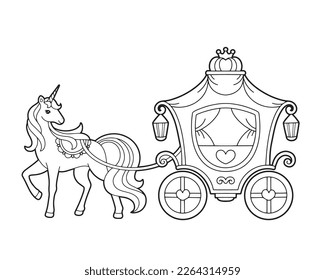 Printable unicorn driving a carriage for the princess coloring pages illustration