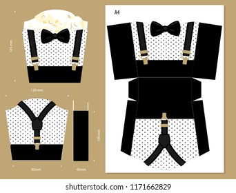 Printable vector box for sweet food or french fries. Black, gold suspenders and bow. Little gentleman/man party. Template for themed birthday bash. Package for favor gift on first birth, father's day