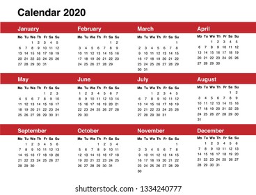 Printable vector calendar for 2020