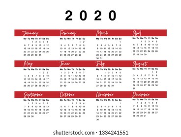 Printable vector calendar for 2020