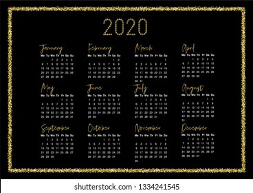 Printable vector calendar for 2020 with golden glitter elements