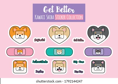 Printable Vector Digital Stamp Sticker Sheet Coloring Page Digistamp Clipart Line Flat Color Icon Of Kawaii Happy Shiba Dog Puppy Head Face Plaster Heart Square Shaped, Pastel Color, Kids Illustration