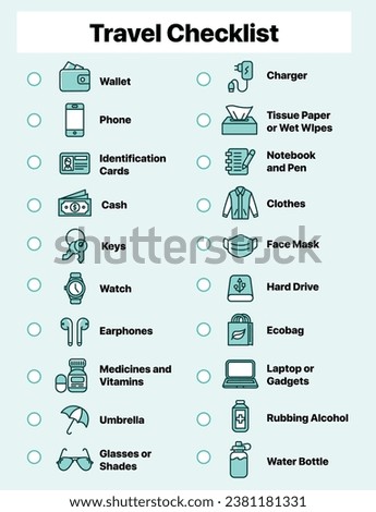 Printable Vector Flat Icons Travel Checklist 