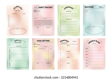 Printable Vector Gradient Notepad Template Collection with Daily Planner, Weekly Planner, Monthly Planner, Yearly Planner, Habit Tracker for Journaling, Business, School Schedule, or Productivity Kit