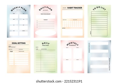 Printable Vector Gradient Notepad Template Collection with Daily Planner, Weekly Planner, Monthly Planner, Yearly Planner, Habit Tracker for Journaling, Business, School Schedule, or Productivity Kit