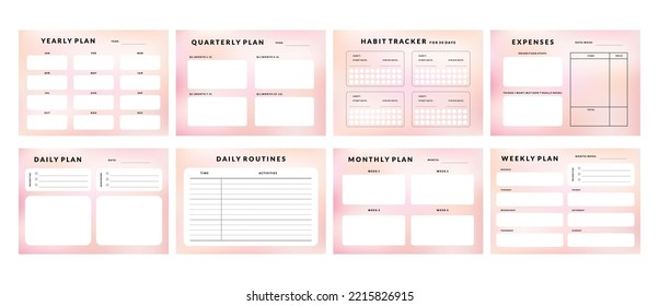 Printable Vector Gradient Notepad Template Collection with Daily Planner, Weekly Planner, Monthly Planner, Yearly Planner, Habit Tracker for Journaling, Business, School Schedule, or Productivity Kit