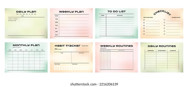 Printable Vector Gradient Notepad Template Collection with Daily Planner, Weekly Planner, Monthly Planner, Yearly Planner, Habit Tracker for Journaling, Business, School Schedule, or Productivity Kit