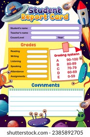 Printable vector illustration of a teacher template for student report card with an alien theme