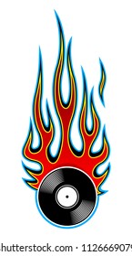 Printable vector illustration of vintage retro vinyl record icon with flame. Ideal for sticker car and motorcycle decal logo design template and any kind of decoration.