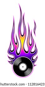 Printable vector illustration of vintage retro vinyl record icon with flame. Ideal for sticker car and motorcycle decal logo design template and any kind of decoration.