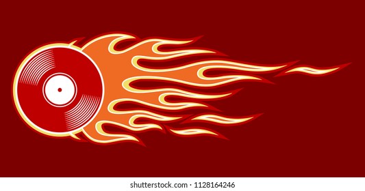 Printable vector illustration of vintage retro vinyl record icon with flame. Ideal for sticker car and motorcycle decal logo design template and any kind of decoration.