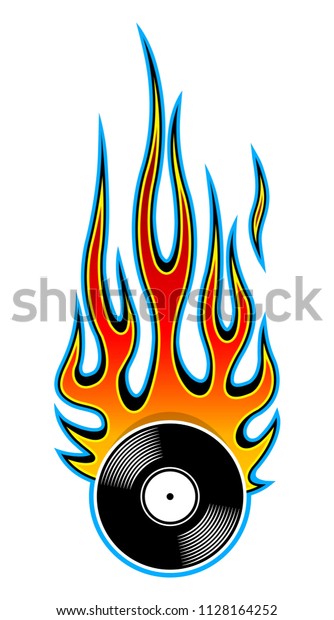 Printable vector illustration of\
vintage retro vinyl record icon with flame. Ideal for sticker car\
and motorcycle decal logo design template and any kind of\
decoration.