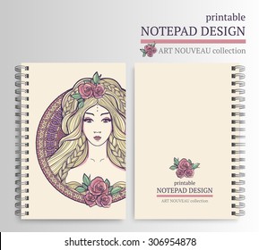 Printable vector notepad design with art nouveau woman and roses.