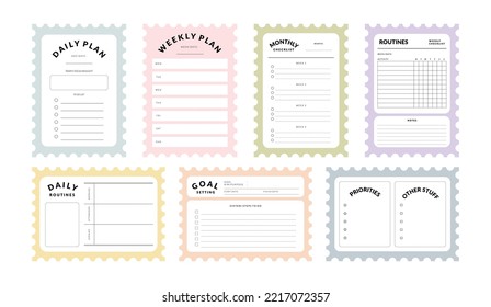 Printable Vector Notepad Template Collection with Daily Planner, Weekly Planner, Monthly Planner, Yearly Planner, Habit Tracker for Journaling, Business, School Schedule, or Productivity Kit