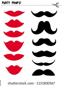 Printable Vector Photo Booth Props. Party Props Set. Various Shape of Sweet Red Lips and Funny Black Moustache. Do It Yourself Set. Hen Night and Wedding Party Photobooth Vector Set.