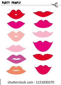 Printable Vector Photo Booth Props. Party Props Set. Various Colors Sexy Lips. Different Types of Cute Pink and Red Sweet Lips. Do It Yourself Set. Hen Night and Wedding Party Photobooth Set