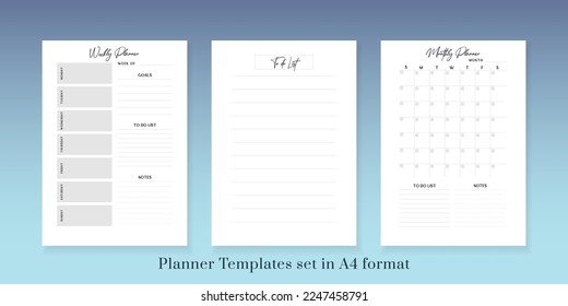 Printable vector planner. Modern business organizer template. Blank Vertical journal notebook page. Background design frame. Paper sheet size A4.Checklist,date,notes, habit tracker.