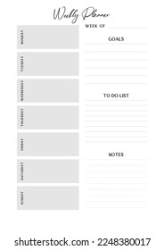 Printable vector planner. Modern business organizer template. Blank Vertical journal notebook page. Background design frame. Paper sheet size A4.Checklist,date,notes, habit tracker.