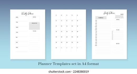 Printable vector planner. Modern business organizer template. Blank Vertical journal notebook page. Background design frame. Paper sheet size A4.Checklist,date,notes, habit tracker.