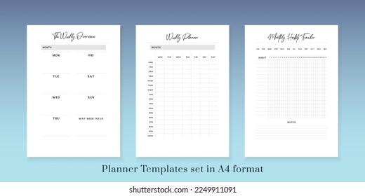 Printable vector planner. Modern business organizer template. Blank Vertical journal notebook page. Background design frame. Paper sheet size A4.Checklist,date,notes, habit tracker.