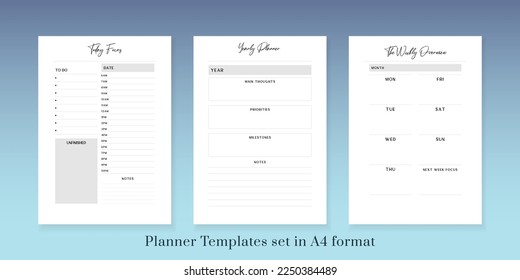 Printable vector planner. Modern business organizer template. Blank Vertical journal notebook page. Background design frame. Paper sheet size A4.Checklist,date,notes, habit tracker.