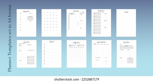 Printable vector planner. Modern business organizer template. Blank Vertical journal notebook page. Background design frame. Paper sheet size A4.Checklist,date,notes, habit tracker.