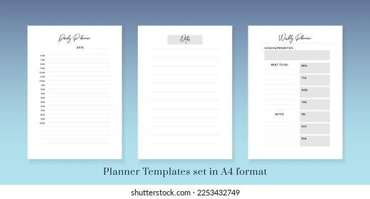 Druckbarer Vektorplaner. Modernes Business-Organisator-Template. Leere Seite für vertikale Tasten. Hintergrunddesign-Rahmen. Papierblattgröße A4.Checkliste, Datum, Notizen, Gewohnheitsverfolgung.