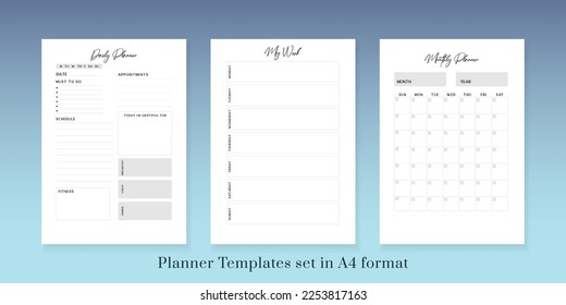 Printable vector planner. Modern business organizer template. Blank Vertical journal notebook page. Background design frame. Paper sheet size A4.Checklist,date,notes, habit tracker.