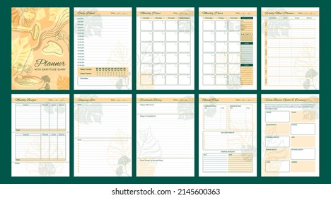 Printable vector planner pages templates in yellow and green gray shades. Daily, weekly, monthly, project, budget planners. Pages with gratitude diary, rituals and vision board.